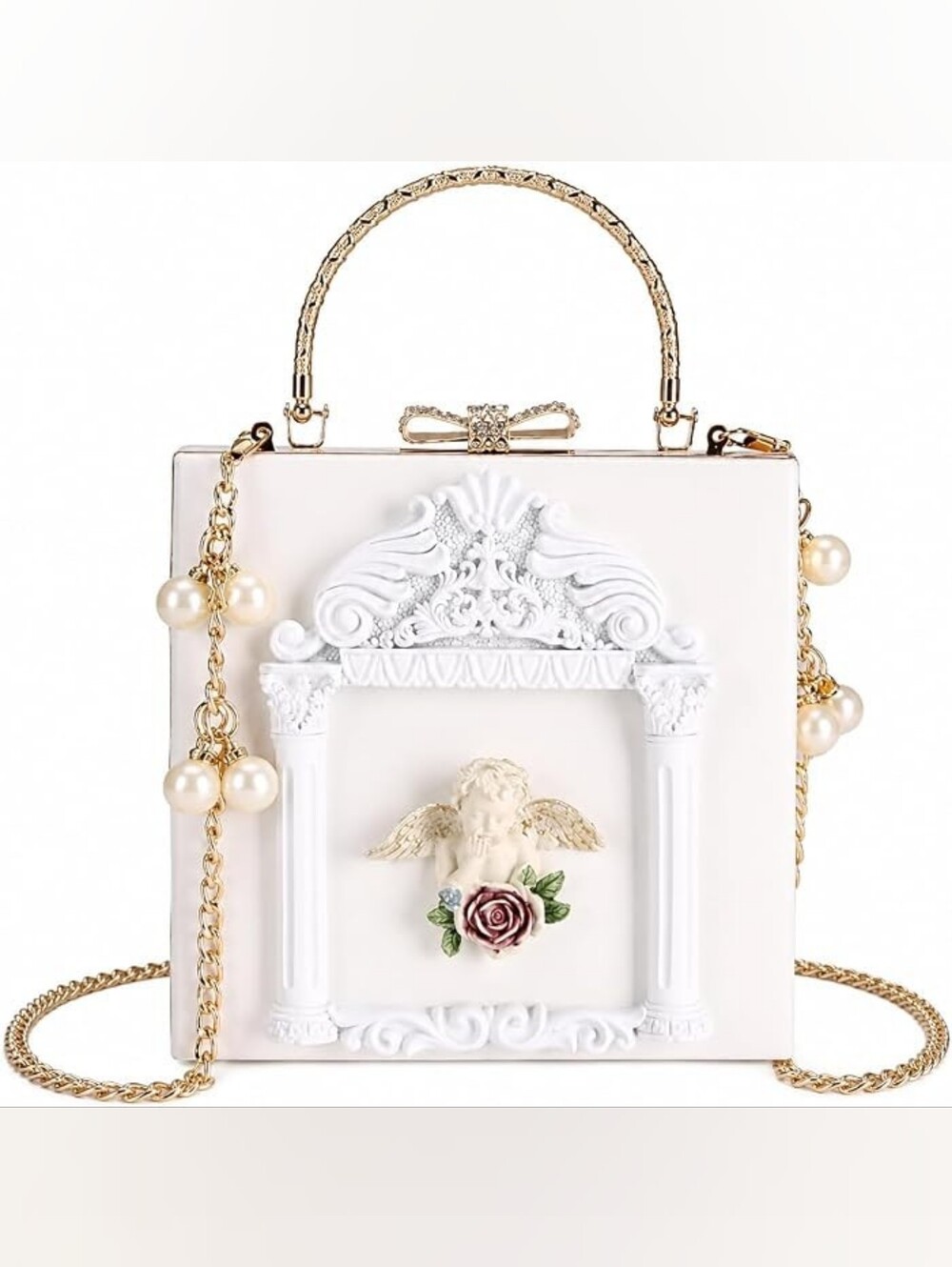 Ethereal White Pearl-Accent Angel Cherub Rose Evening Purse
